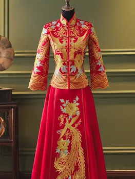 Китайское традиционное платье Красное свадебное платье Длинное вечернее платье Вышивка Cheongsam Размер одежды 3XL 4XL