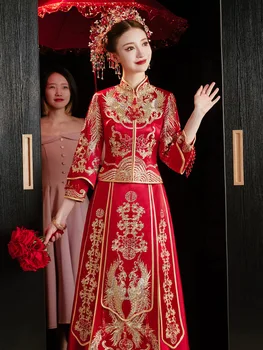 Классическое свадебное платье в китайском стиле Cheongsam Высокое качество Вышивка Свадебный костюм Восточная невеста Одежда Винтаж Qipao