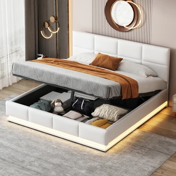  Кровать со светодиодной подсветкой,Мягкая кровать 160 x 200 см со светодиодом,Регулируемое по высоте изголовье и гидравлическое место для хранения,Современная двуспальная кровать,Кровать для взрослых