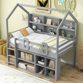  Кровать-чердак для дома с двумя размерами с несколькими полками для хранения и ограждением по всей длине, современная кровать-чердак для детей, простая сборка