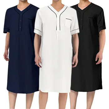 Минималистичный стиль Мужская ночная рубашка Дышащая мужская одежда для сна Удобный мужской халат для сна с V-образным вырезом и накладным карманом для отдыха