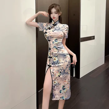 Мода Женщины Китайский Стиль Cheongsams Леди Элегантное Платье Для Вечеринки Принт Тонкий Ретро Сплит Qipao Сексуальное Вечернее Платье Винтаж Vestidos