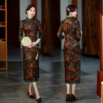 Мода Китайский стиль Улучшенный Cheongsam Ретро Средний возраст Мама Традиционное платье Принт Цветок Классический Элегантный Qipao Vestidos