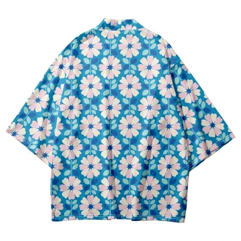Мода Синие Белые Цветы Печатные Рубашки Хаори Уличная Одежда Мужчины Женщины Традиционный Кардиган Одежда Пляж Юката Японское кимоно