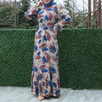 Модные макси-платья с цветочным принтом для женщин Весна 2022 Этнический мусульманин с круглым воротником и длинным рукавом Swing Vestidos Народный халат Boubou