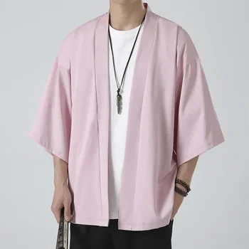 Мужская легкая куртка-кимоно Кардиган с семью рукавами Кардиган с открытыми передними рукавами Халат в японском стиле