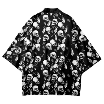Мужчины Черный Кардиган с принтом черепа Японская одежда Хаори Юката Женщины Японская уличная одежда Летнее пляжное кимоно Рубашка