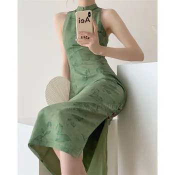 Новый Китайский Стиль Платье Зеленый Принт Cheongsam Сексуальный Без рукавов Qipao Спинка Кружева Vestidos Лето Новые Платья Длинные Qipao