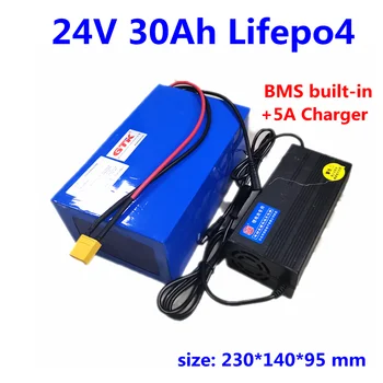 Перезаряжаемый литиевый аккумулятор Lifepo4 24 В 30 Ач с BMS для скутера Велосипед Гольф Кары Инвертор Солнечная энергия Ev + 5 А Зарядное устройство