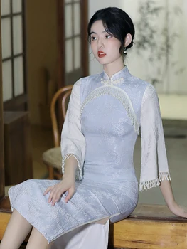 Платье в стиле ретро чонсам в китайском стиле, женское украшение с жемчужной кисточкой, боковой разрез, темперамент, длинное платье