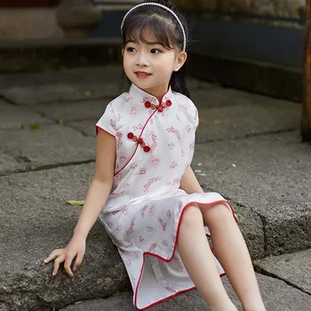 Платье для девочек Cheongsams Китайский традиционный шелк с цветочным принтом Лето с коротким рукавом Qipao Baby Kids Hanfu Платья с коротким рукавом