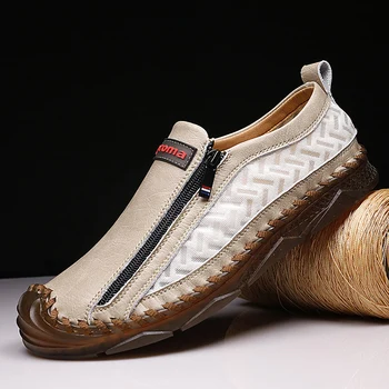 Повседневные мужские эспадрильи Лоферы Мужская кожаная обувь Роскошный бренд Мужские туфли на плоской подошве с застежкой-молнией большой размер 47 Летняя обувь для мужчин 2022