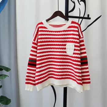 Полосатый свитер с круглым вырезом женский пуловер для беременных женщин 2022 зима новая мода белый