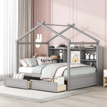 Прочная строительная кровать,Полноразмерная домашняя кровать с полками для хранения и 2 ящиками, матовый серый