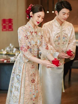 Ретро Китайское свадебное платье Шампанское Золотая вышивка Традиционный Cheongsam Винтаж Формальный Qipao Женщины Мужчина Восточный Тан Костюм