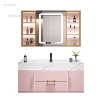 Розовые роскошные шкафы для ванной комнаты Комбинация из массива дерева Современная мебель для ванной комнаты Простая умная ванная комната Умывальник Зеркальные шкафы B