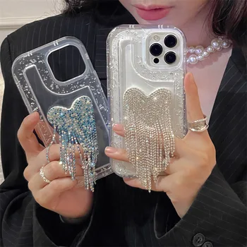 Роскошный 3D чехол для телефона из эпоксидной смолы со стразами и кисточками для iPhone 11 12 13 14 Pro Max Shell Glitter Soft Shockproof Cover