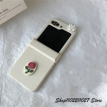 Роскошный корейский 3D цветок розы белый простой чехол для телефона для Galaxy Z Flip5 Flip5 Z Flip5 Zflip5 Zflip5 Портативный чехол Funda