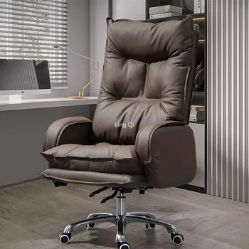 Роскошный коричневый офисный стул Кожаная латексная подушка Дизайнерское кресло с высокой спинкой Кресло с откидной спинкой Поворотный игровой стул Cadeira Gamer Мебель