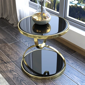 Роскошный угловой стол из закаленного стекла Диван в гостиной Приставной столик Нержавеющая сталь Золото Маленький круглый стол Постмодернистский чайный столик