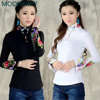Рубашка в китайском стиле для беременных женская осенняя этническая черная белая футболка с вышитым воротником женский топ с длинным рукавом blusa
