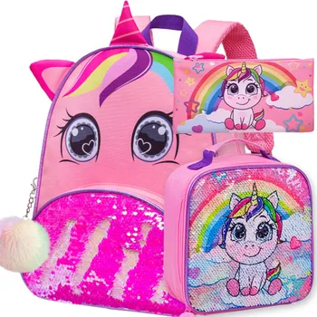 Рюкзак с единорогом для девочек, Симпатичная сумка для дошкольников и ланч-бокс, Симпатичная школьная сумка с пайетками