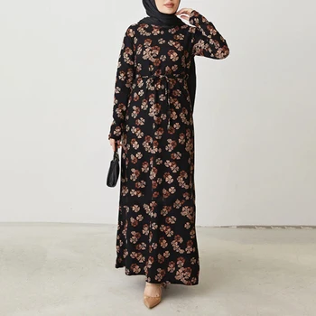 Скромное мусульманское платье абайя для женщин Винтаж Четырехлистный Клевер Принт Длинный рукав О-образный вырез Макси-халат Пояса Vestido Ramadan Eid Дубай