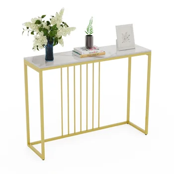 Современная акцентная консоль Мраморный стол Золотая металлическая рама Дисплей Полка для хранения Узкий стол для прихожей Прихожая Вход в гостиную