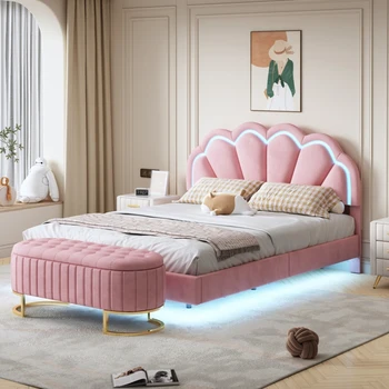 спальные гарнитуры из 2 предметов, двуспальная / полноразмерная мягкая кровать со светодиодной платформой с оттоманкой и бархатом для хранения, прочная рама, розовый / бежевый