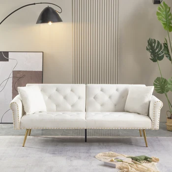 Трансформируемый диван-кровать-футон, современный диван-футон с 2 подушками диван-кровать для гостиной, розовый/белый