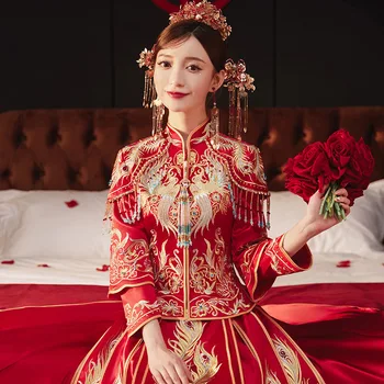 Феникс Вышивка Бисер Кисточка Невеста Свадебное платье Ретро Китайский Cheongsam Marrage Тостовая одежда