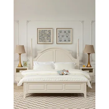 французская кремовая ветровая двуспальная кровать из массива дерева в американском стиле кантри ретро мебель для главной спальни белая большая кровать 1,8 м