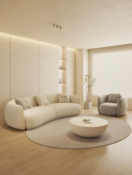 французский кремовый стиль гороховая ткань изогнутая гостиная светлый роскошный современный простой диван