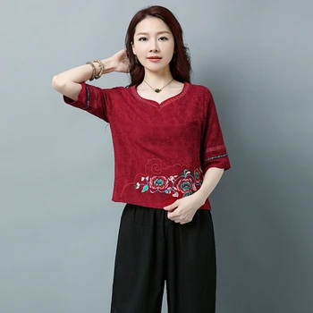 Хлопковая льняная футболка для женщин Китайские традиционные костюмы Половина рукава Цветочная вышивка Восточная народная одежда Весна Лето