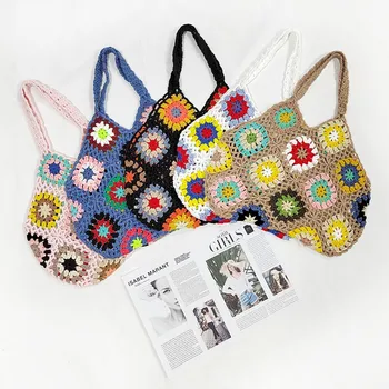 Цветочный вязание крючком Женская сумка через плечо Дизайнерская полая вязаная сумка Мягкие тканые сумки и кошельки 2022 Богемные сумки для покупателей Новый