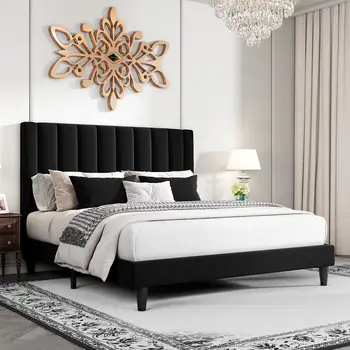  Черный каркас кровати King Platform с бархатной обивкой Плюшевый вертикальный канал Изголовье для внутренней мебели спальни