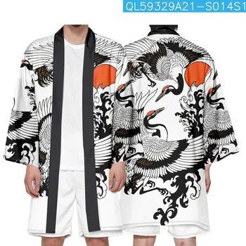 Японский стиль Самурай Длинное кимоно 2023 Лето Уличная одежда Мужчины Женщины Белый Журавль Принт Кардиган Халат Харадзюку Аниме Одежда