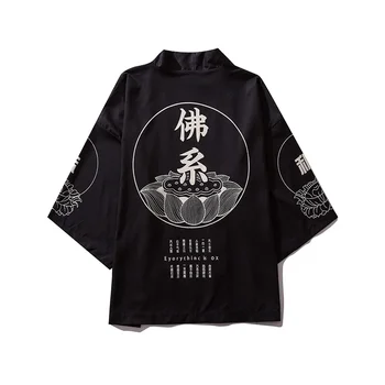 Японское кимоно Мужчины Кардиган Рубашка Блузка Юката Хаори Оби Одежда Лето Принт Черный Мужской Самурай Одежда